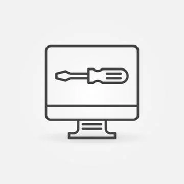 Computer with Screwdriver outline icon. Vector Computer Repair sign Stock Illustration
