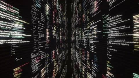 Computer script being typed endlessly on black background. Animation. Flying Stock Footage 139662606