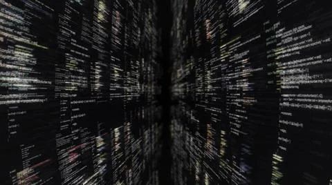 Computer script being typed endlessly on black background. Animation. Flying Stock Illustration