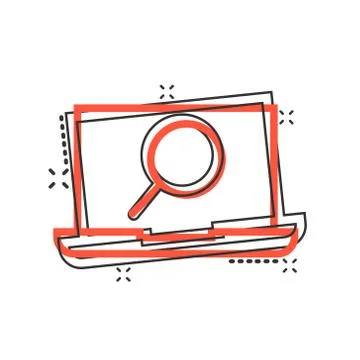 Computer search icon in comic style. Laptop with magnifying glass cartoon vec Stock Illustration