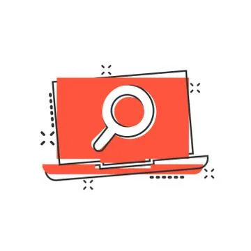 Computer search icon in comic style. Laptop with magnifying glass cartoon vec Stock Illustration