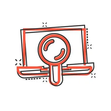 Computer search icon in comic style. Laptop with magnifying glass cartoon vec Stock Illustration