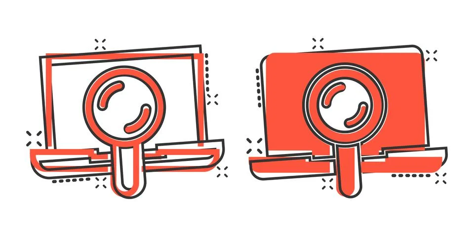 Computer search icon in comic style. Laptop with magnifying glass cartoon vec Stock Illustration