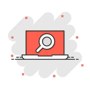 Computer search icon in comic style. Laptop with magnifying glass cartoon vec Stock Illustration