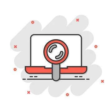 Computer search icon in comic style. Laptop with magnifying glass cartoon vec Stock Illustration