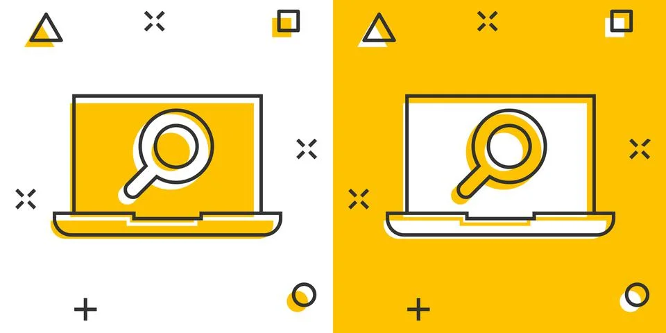 Computer search icon in comic style. Laptop with magnifying glass cartoon vec Stock Illustration