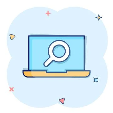 Computer search icon in comic style. Laptop with magnifying glass cartoon vec 스톡 일러스트
