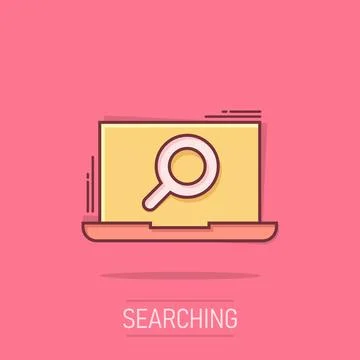 Computer search icon in comic style. Laptop with magnifying glass cartoon v.. Stock Illustration