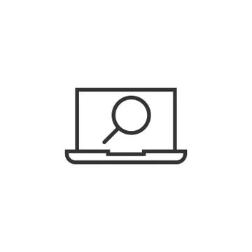 Computer search icon in flat style. Laptop with magnifying glass vector illus Illustrazione stock