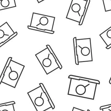 Computer search icon in flat style. Laptop with magnifying glass vector illus Illustrazione stock