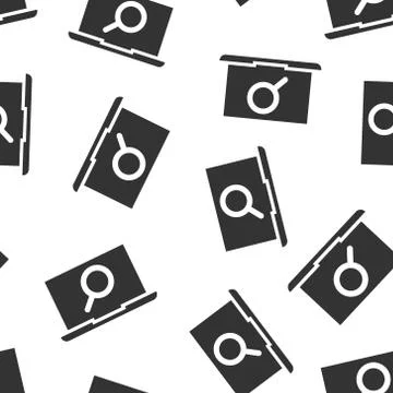 Computer search icon in flat style. Laptop with magnifying glass vector illus Stock Illustration