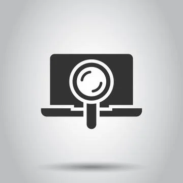 Computer search icon in flat style. Laptop with magnifying glass vector illus Illustrazione stock