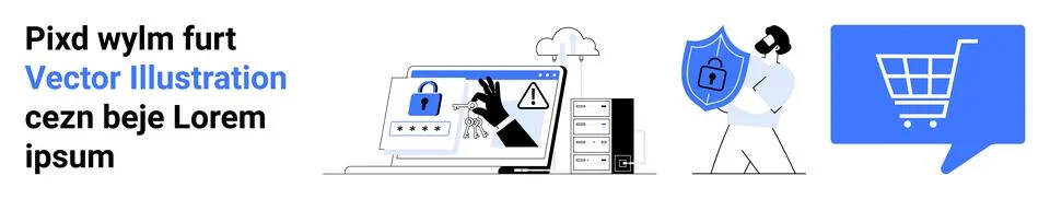Computer with security alert, shield with lock, person, and shopping cart ico Ilustración de archivo