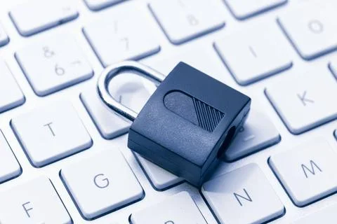 Computer Security and data privacy concept. Closed padlock on computer key... Foto stock