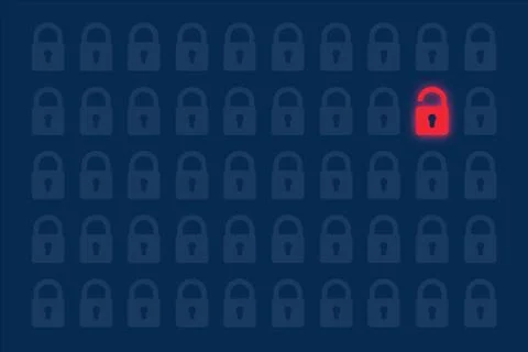 Computer security breach - hacked symbol of open red padlock surrounded by op Stock Illustration