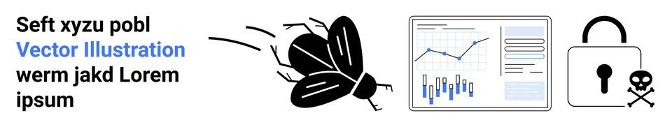 Computer Security Bug, Analytics Dashboard, and Padlock with Skull Icon Illustrazione stock