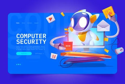 Computer security cartoon landing with cute bot Stock Illustration