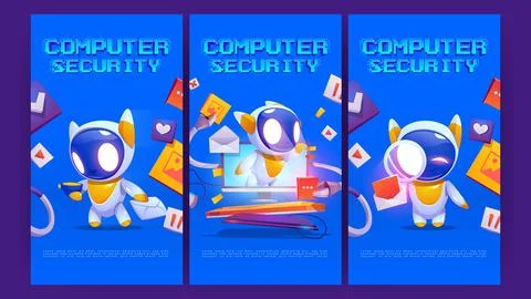 Computer security cartoon posters, cute robots Stock Illustration