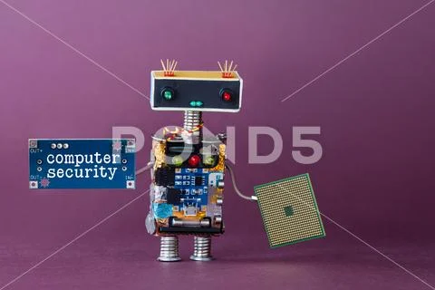 Computer security concept. Abstract robotic worker with circuit chip. Violet Stock Photos