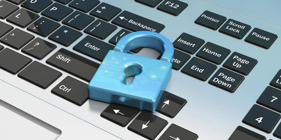 Computer security concept. Blue padlock on a computer keyboard. 3d illustrati Stock Illustration