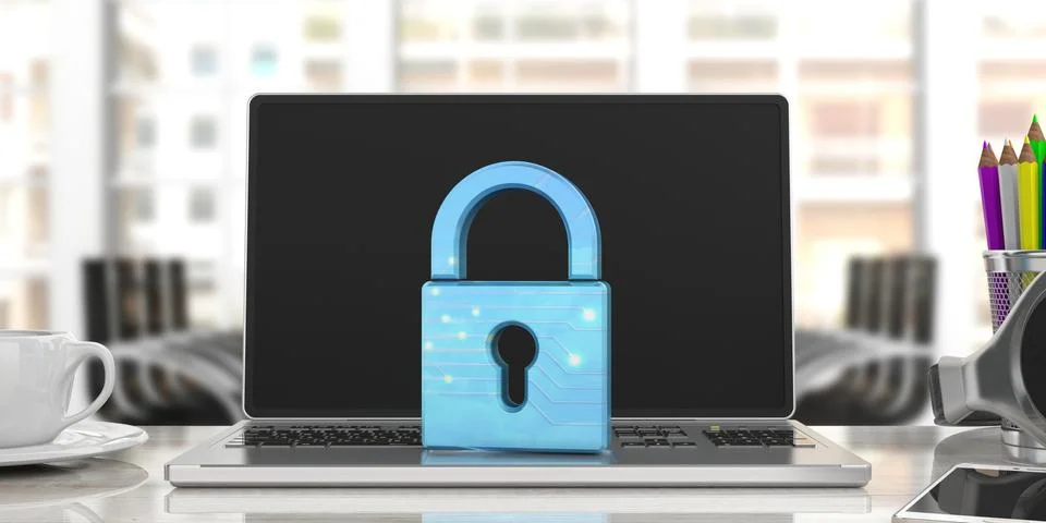Computer security concept. Blue padlock on a laptop, blur office background. イラスト素材