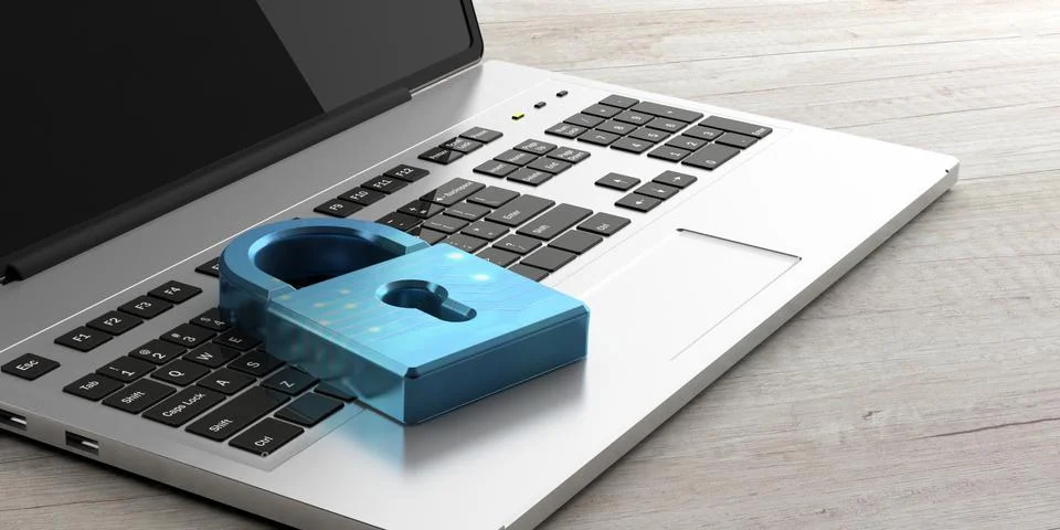 Computer security concept. Blue padlock on a laptop, wooden background. 3d il Stock Illustration