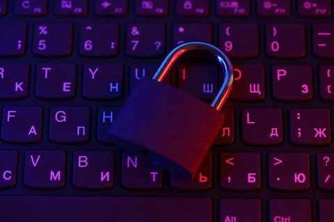 Computer security concept with a closed padlock on the keyboard. Padlock on top 스톡 사진