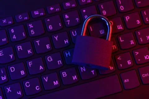 Computer security concept with a closed padlock on the keyboard. Padlock on top 스톡 사진
