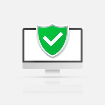 Computer security concept. Computer with shield and lock on table. Flat vecto Ilustración de archivo