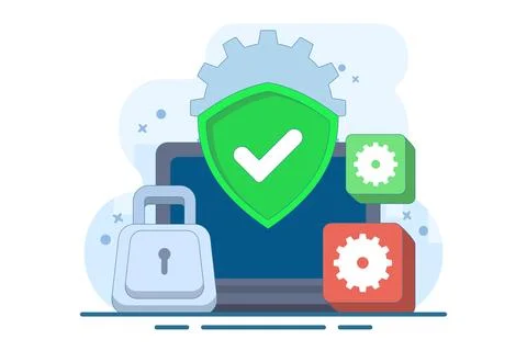 Computer security concept, Device security, PC protected with lock and shield. Stock Illustration