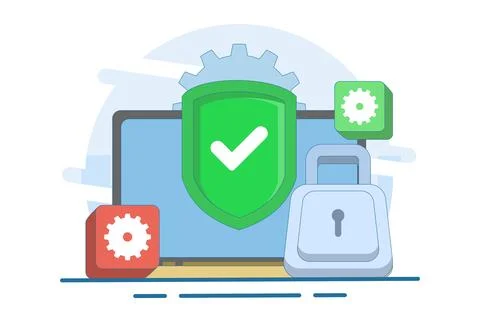 Computer security concept, Device security, PC protected with lock and shield. Illustrazione stock