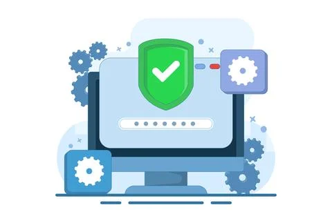 Computer security concept, Device security, PC protected with lock and shield. Stock Illustration