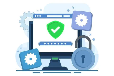 Computer security concept, Device security, PC protected with lock and shield. Illustrazione stock