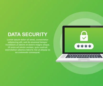 Computer security concept. Laptop with shield and lock on table. Flat vector  스톡 일러스트