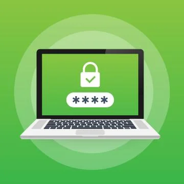 Computer security concept. Laptop with shield and lock on table. Flat vector  스톡 일러스트