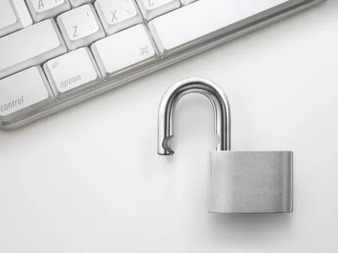 Computer security concept. Unlocked padlock on laptop keyboard. Symbol of saf Stock Photos