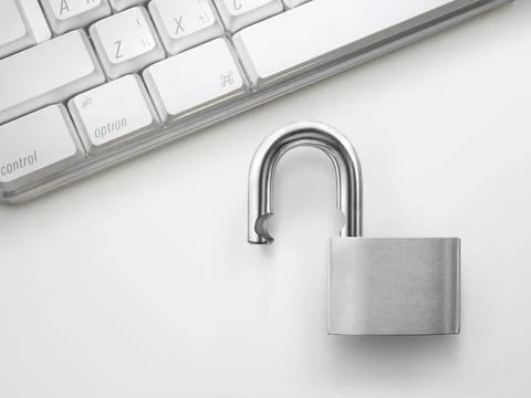 Computer security concept. Unlocked padlock on laptop keyboard. Symbol of saf 写真素材
