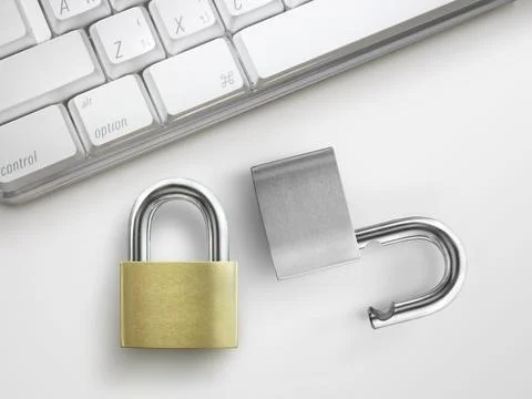 Computer security concept. Unlocked padlock on laptop keyboard. Symbol of saf 写真素材