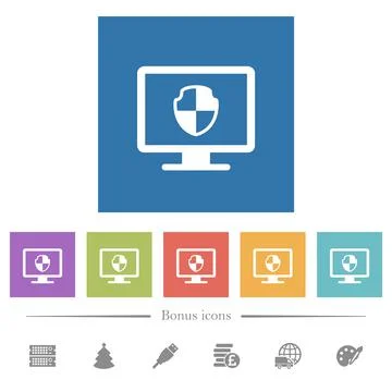 Computer security flat white icons in square backgrounds Stock Illustration