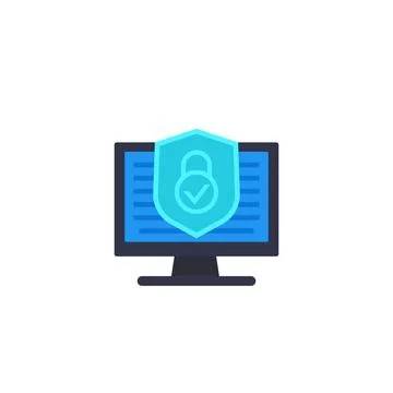Computer security icon with shield and pc on white Illustrazione stock