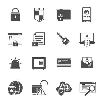 Computer security icons set black Illustrazione stock