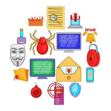 Computer security icons set, cartoon style Stock Illustration