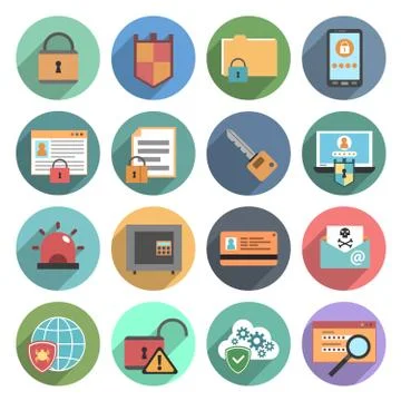 Computer security icons set flat round Stock Illustration