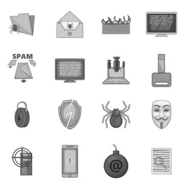 Computer security icons set, gray monochrome style Stock Illustration