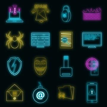 Computer security icons set vector neon Stock Illustration