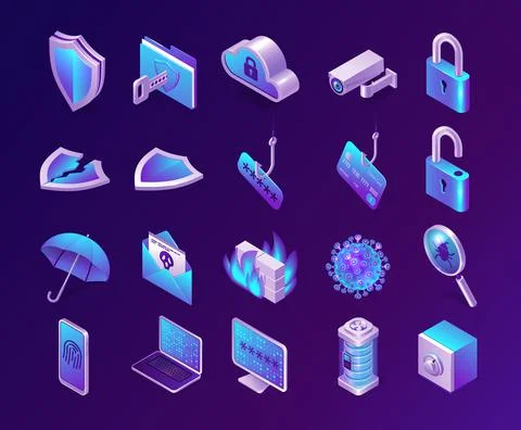 Computer security isometric 3d vector icons set Stock Illustration