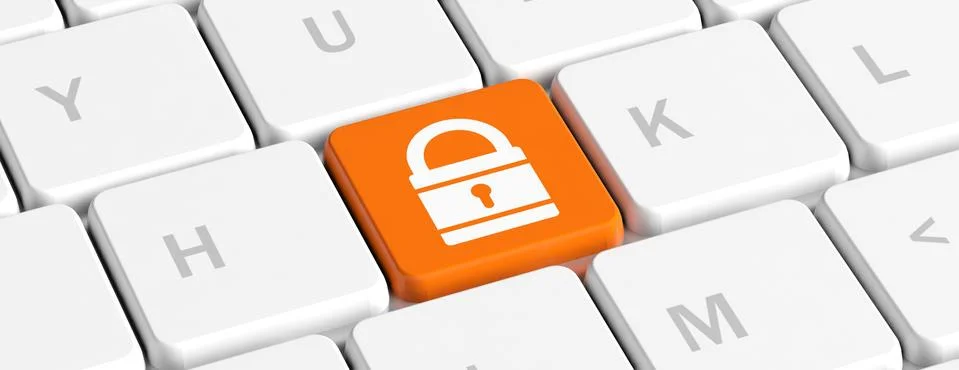 Computer security, lock concept. Padlock icon on a computer keyboard, banner. Illustrazione stock
