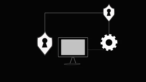 Computer Security Network Concept with Shields, Gear, and Monitor on animat.. Stock Footage 331874736