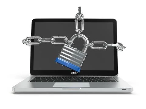 Computer security or safety concept. Laptop keyboard with lock and chain. Illustrazione stock