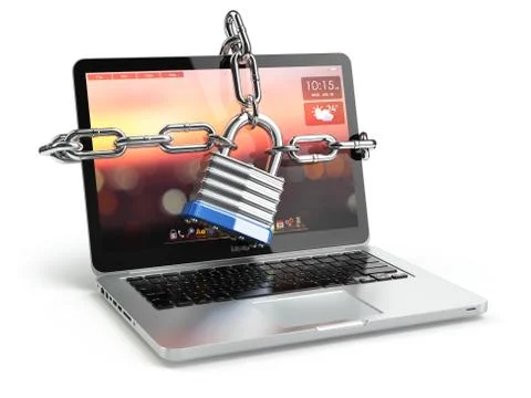 Computer security or safety concept. Laptop keyboard with lock and chain. Ilustración de archivo